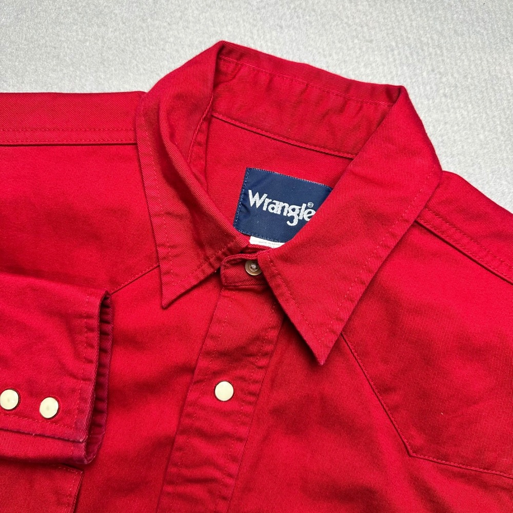 Wrangler Western Snap Shirt Mens Medium Red Pearl Snap Cotton Twill Long Sleeve